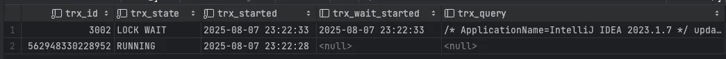 INNODB_TRX 조회 결과 - LOCK WAIT 상태 확인